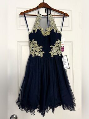 Black Halter Party Dress with Gold Appliqué